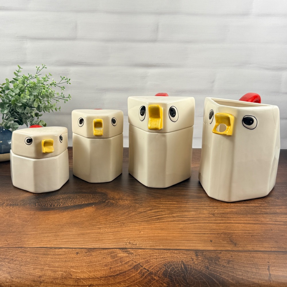 Vintage Ceramic Chicken Canister Set of 3 with Matching Chicken Pitcher